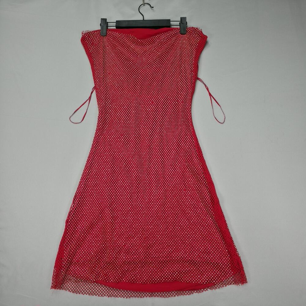 Cefian Womens Small Rhinestone Fishnet Dress Red Bodycon Y2K Club Party Lace Up